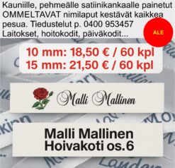 Ommeltavat nimilaput vaatteiden nimikointiin