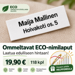 Ommeltavat kankaiset Eco-nimilaput vaatteille. 15 x 63 mm 118 kpl