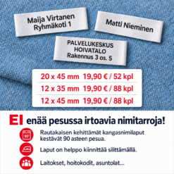 Silitettävät kankaiset nimilaput vaatteiden nimikointiin