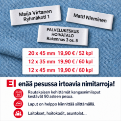 Silitettävät kankaiset nimilaput vaatteiden nimikointiin